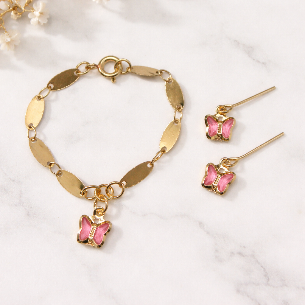 Pink Crystal Butterfly Charm Gold Oval Link Doll Necklace & Earrings • 14 Inch Fashion Doll Jewelry