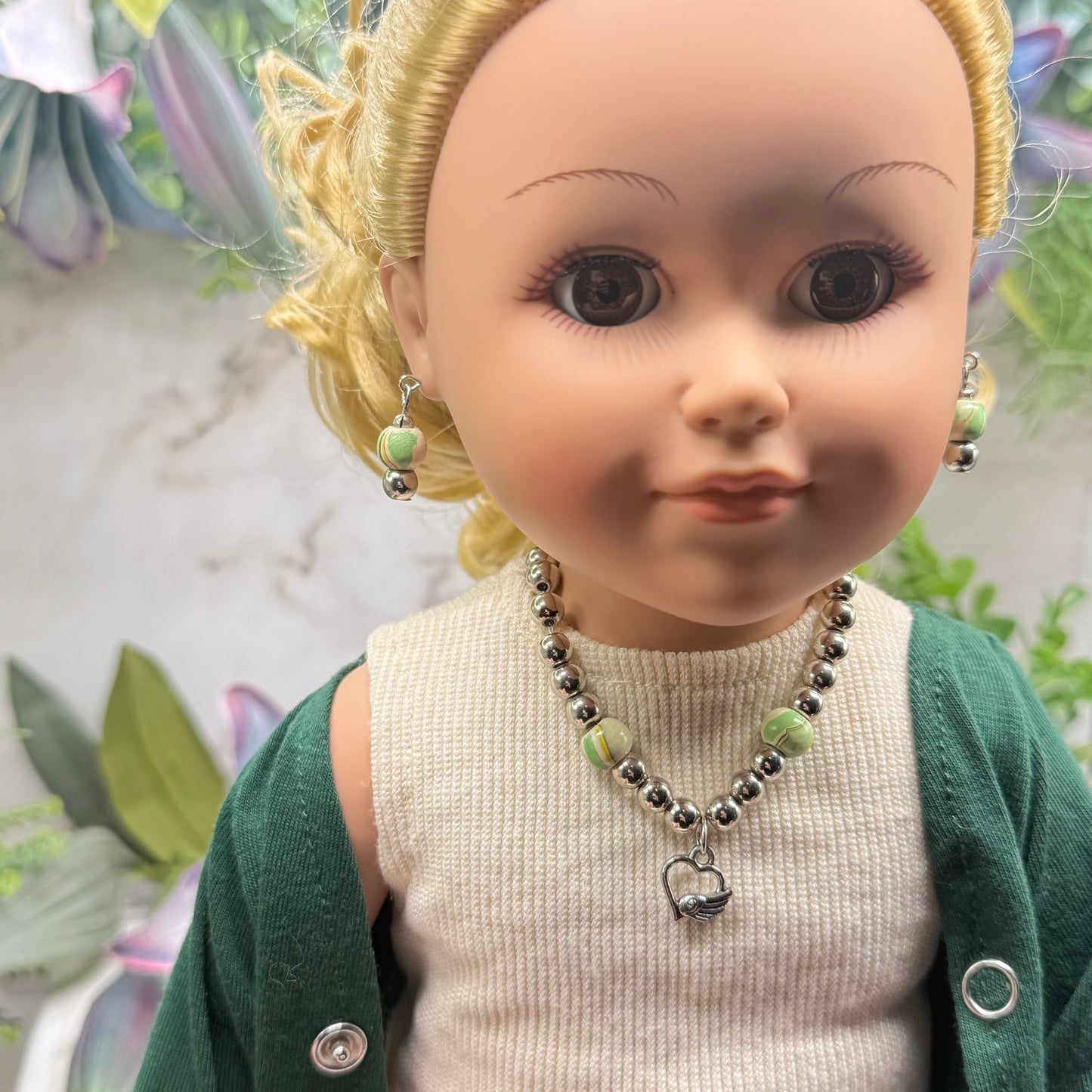 Green Swirl Pattern & Silver Beaded Winged Heart Charm Doll Necklace & Earrings Set • 18 Inch Fashion Doll Jewelry