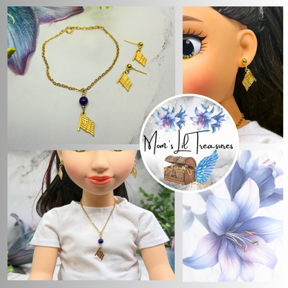 Blue Bead Gold Flag Dangle Doll Necklace & Earrings Set for 18 Inch Fashion Doll