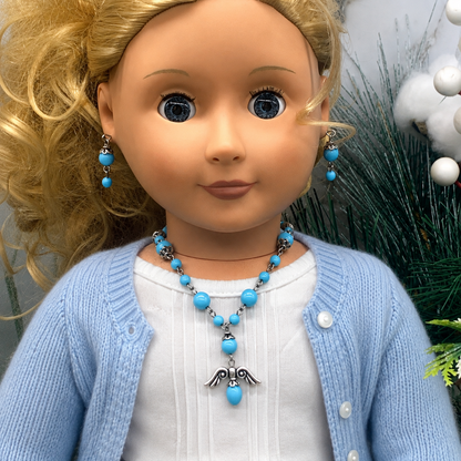 Blue Glass Bead Silver Angel Wings Pendant Necklace Earring Set • 18” Doll Jewelry