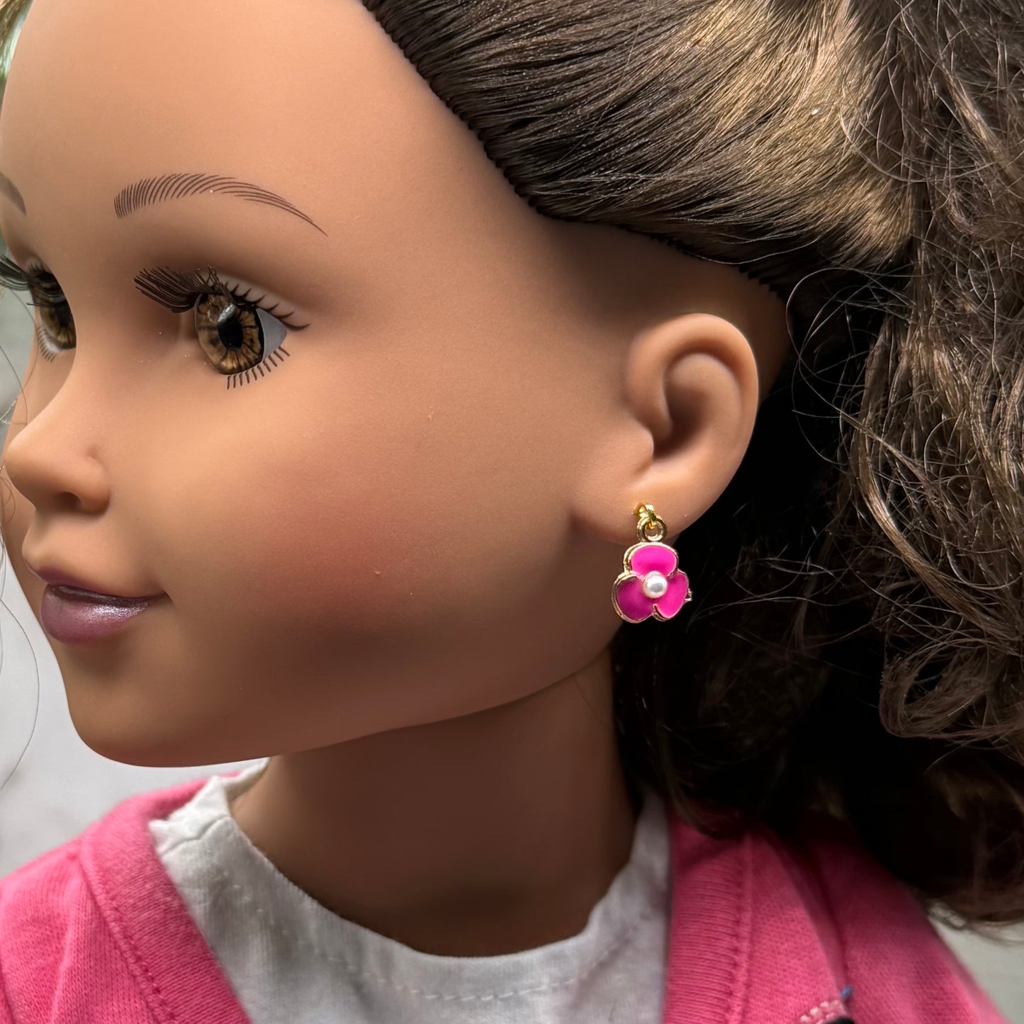 Vibrant Pink Enamel Inlay Flower Pearl Center Dangle Doll Earrings • 18 Inch Fashion Doll Jewelry