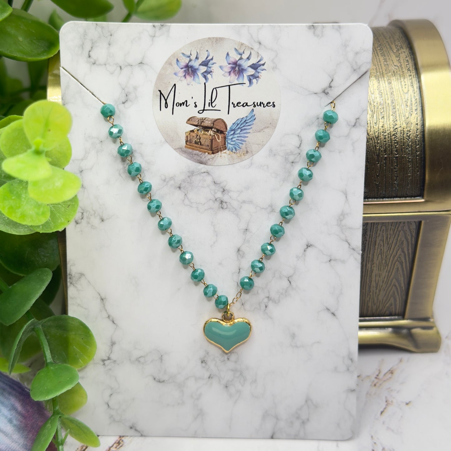 Turquoise Green Heart Charm Glass Beaded Doll Necklace • 18 Inch Fashion Doll Jewelry