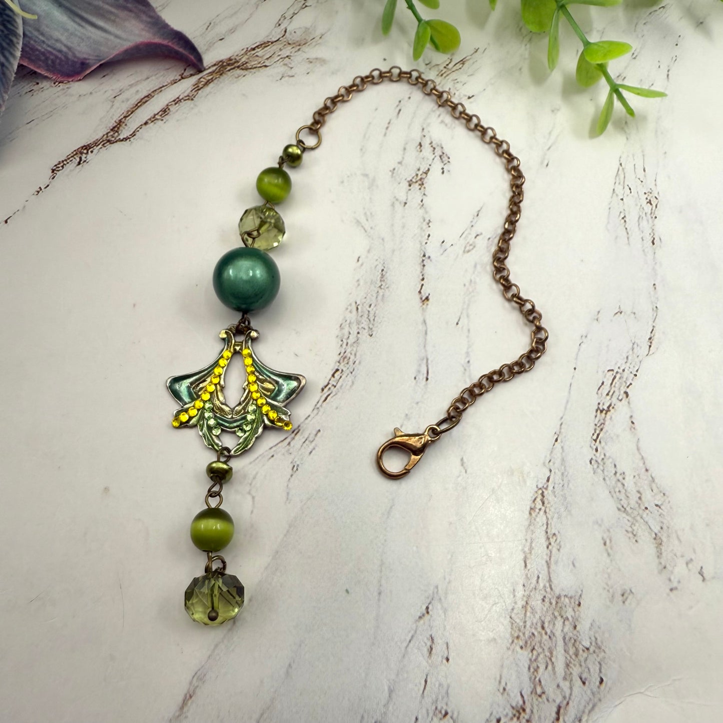 Green  Enamel  Rhinestone  Acrylic Beaded Chain • Car Mirror Charm / Sun Catcher