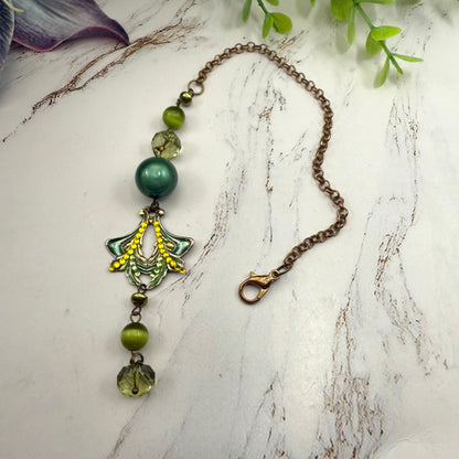 Green  Enamel  Rhinestone  Acrylic Beaded Chain • Car Mirror Charm / Sun Catcher