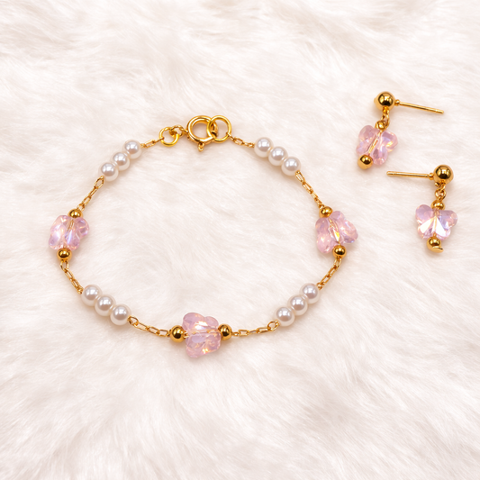 Light Pink Acrylic Crystal & Pearl Beaded Doll Necklace and Earrings Set • 18 Inch Fashion Doll Jewelry