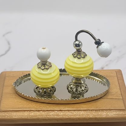 Yellow Swirl Perfume Bottle Set and Silver Vanity Tray • Dollhouse Miniature