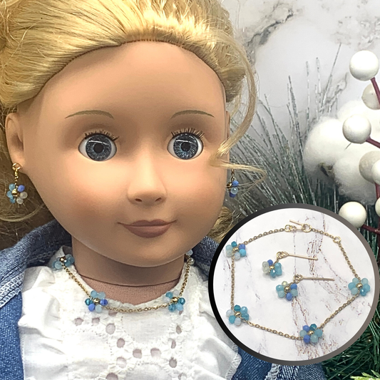 Blue Glass Flower Design Gold Chain Necklace Earrings Set • 18” Doll Jewelry