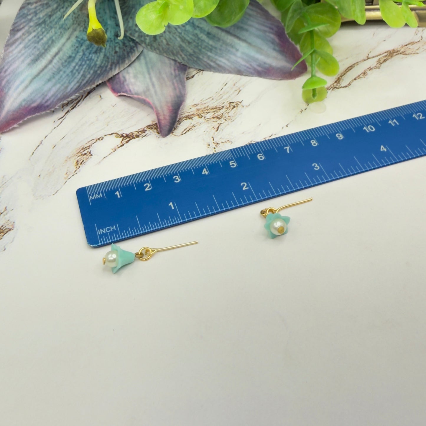 Turquoise Blue Bell Flower Dangle Pearl Beaded Doll Necklace & Earrings • 14 Inch Fashion Doll Jewelry