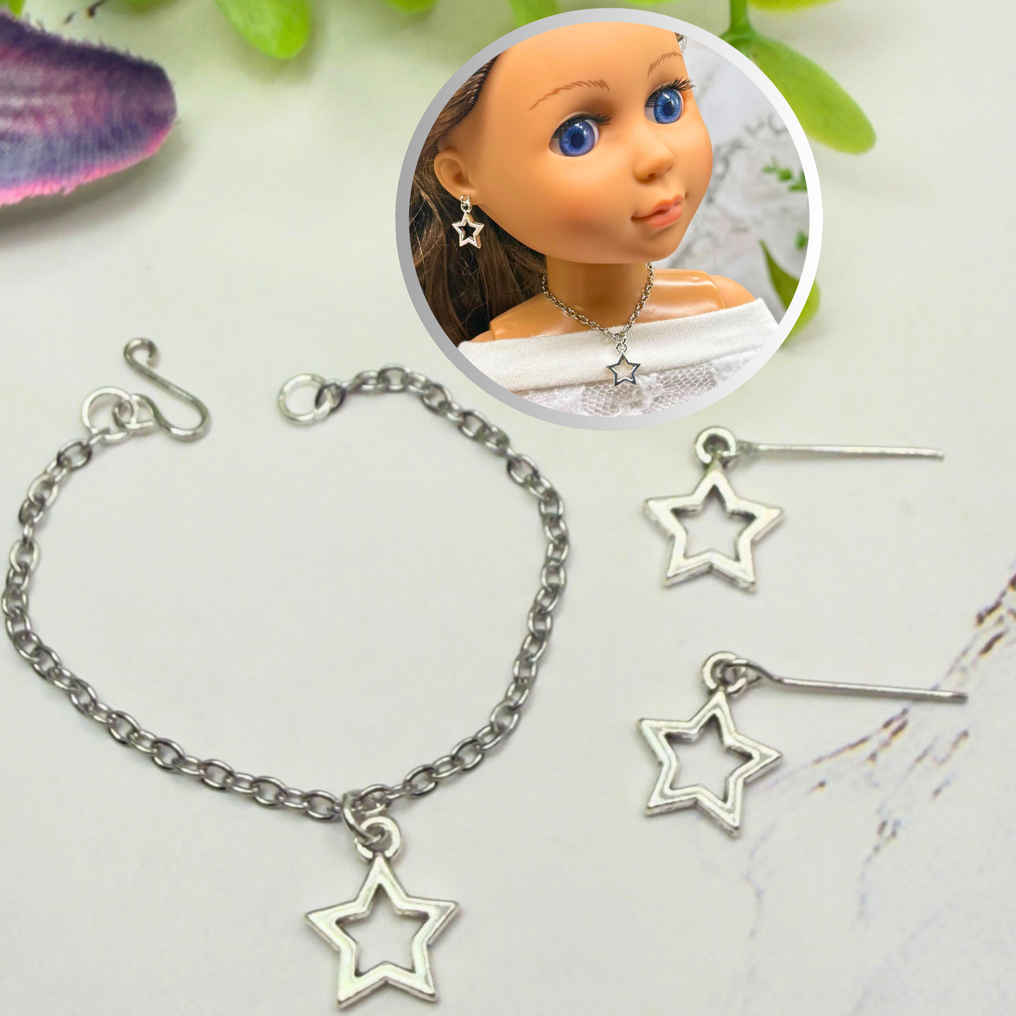 Silver Star Charm Doll Necklace & Earrings Set for 14 Inch Fashion Dolls