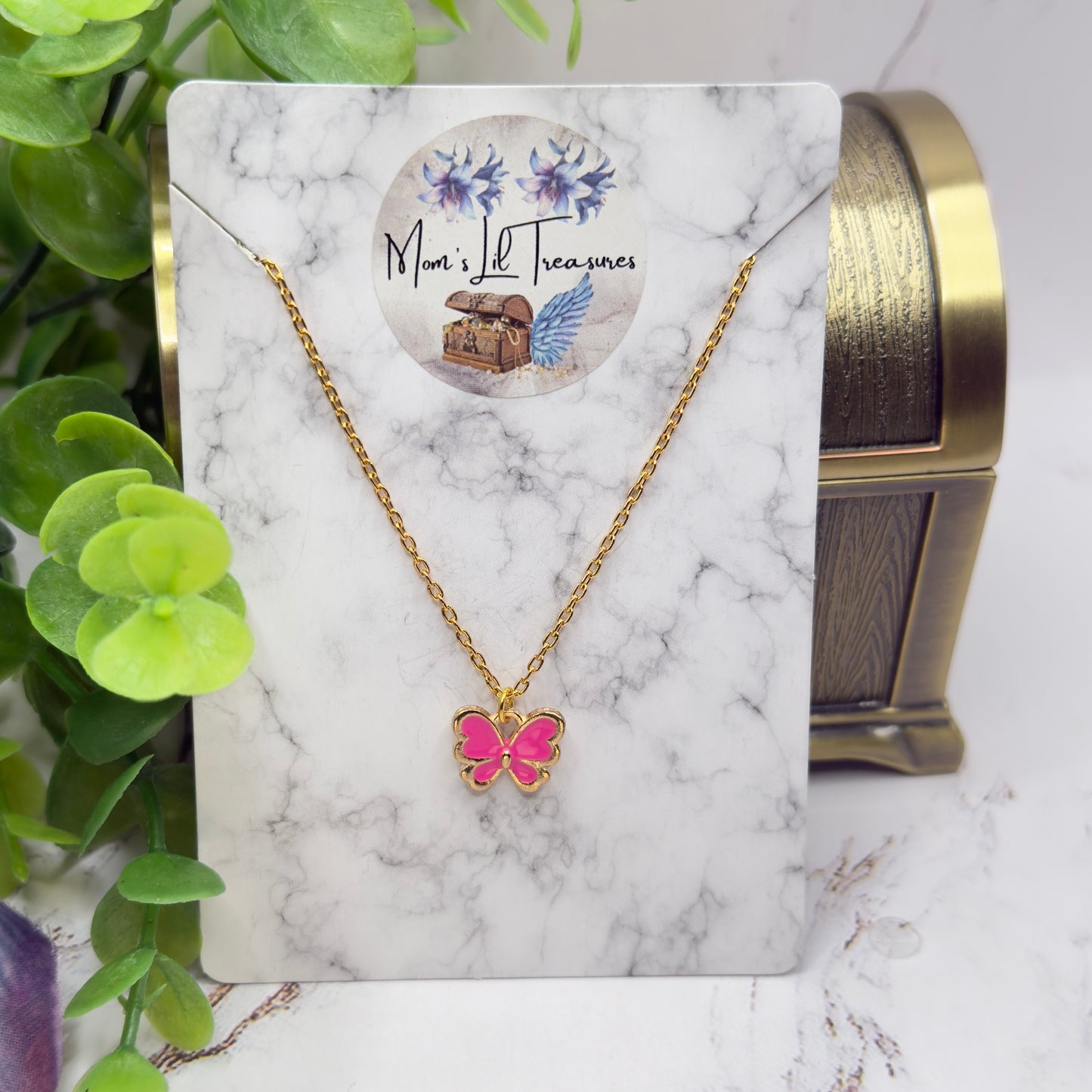 Pink Enamel Butterfly Charm Gold Doll Necklace • 18 Inch Fashion Doll Jewelry
