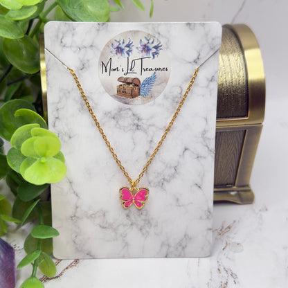 Pink Enamel Butterfly Charm Gold Doll Necklace • 18 Inch Fashion Doll Jewelry