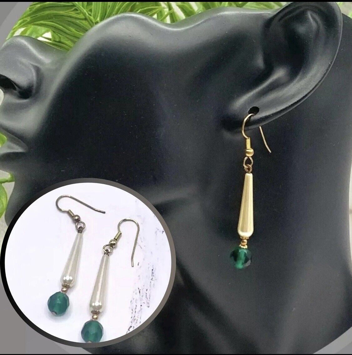 Elongated Teardrop Pearl & Green Glass Crystal Dangle Earrings • Handmade