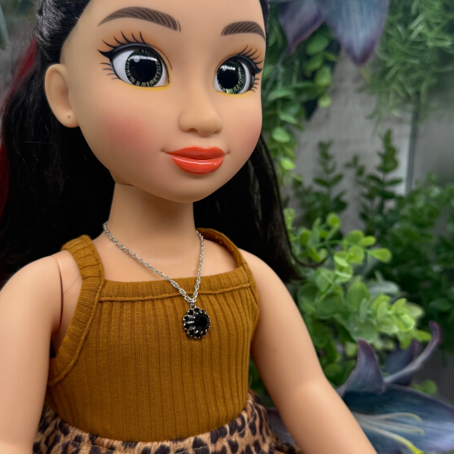 Black Rhinestone Round Flower Pendant Silver Chain Doll Necklace • 18 Inch Fashion Doll Jewelry