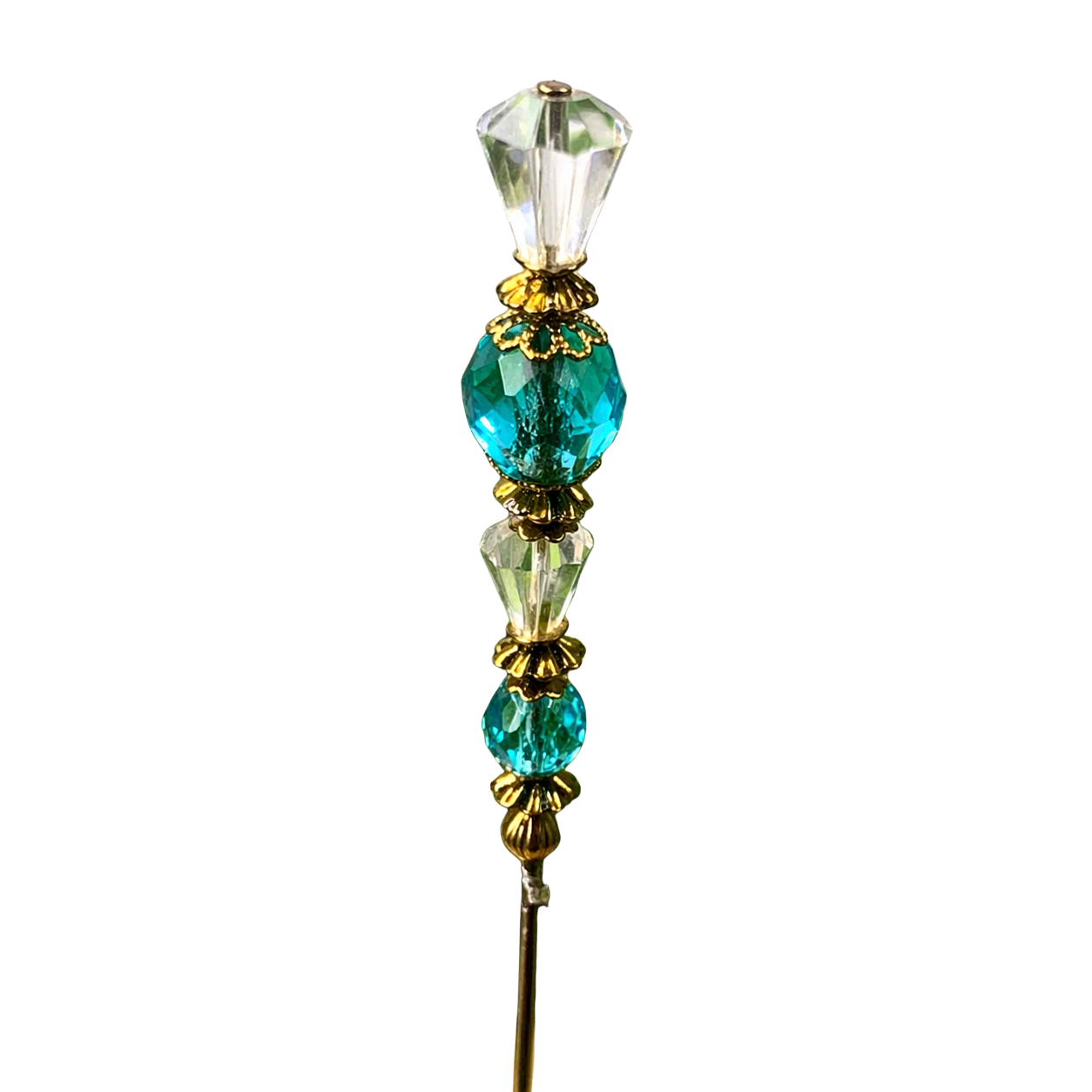 Turquoise Blue & Clear Crystal - Gold Tone Findings- 6” Pin • Hatpin - Stick Pin