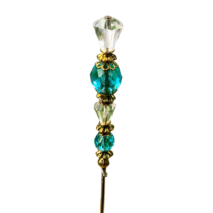 Turquoise Blue & Clear Crystal - Gold Tone Findings- 6” Pin • Hatpin - Stick Pin