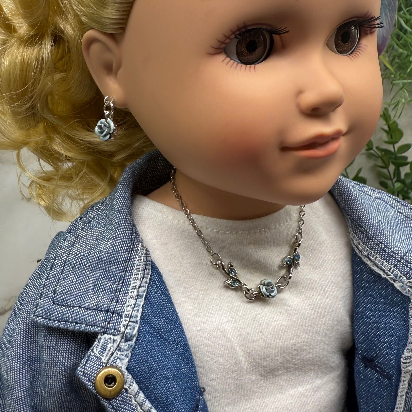 Light Blue Rose Enamel Rhinestone Silver Doll Necklace & Earrings Set • 18 Inch Fashion Doll Jewelry
