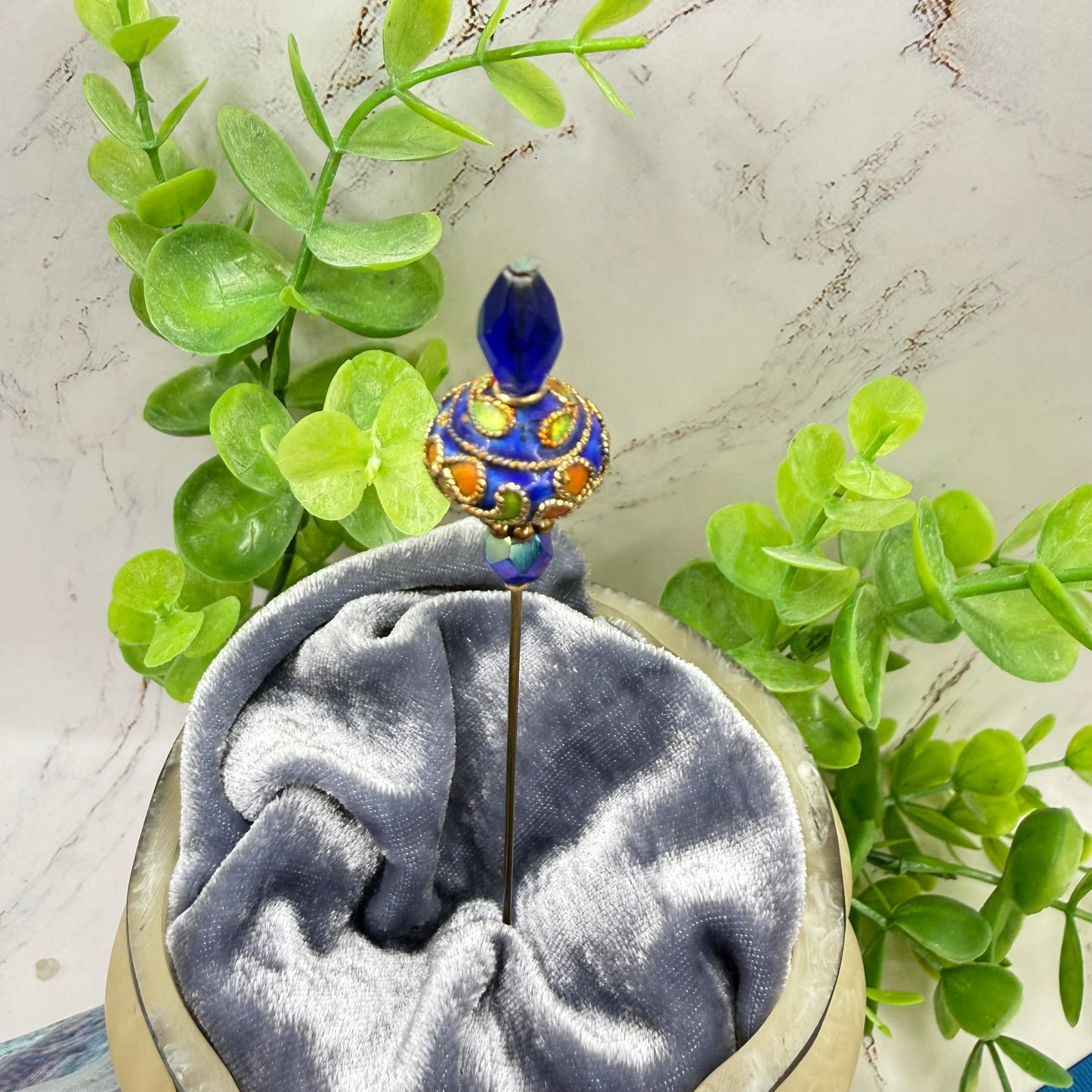 Cobalt Blue Crystal Bright Color Floral Swirl Design Cloisonné - 6 Inch • Hatpin - Stick Pin