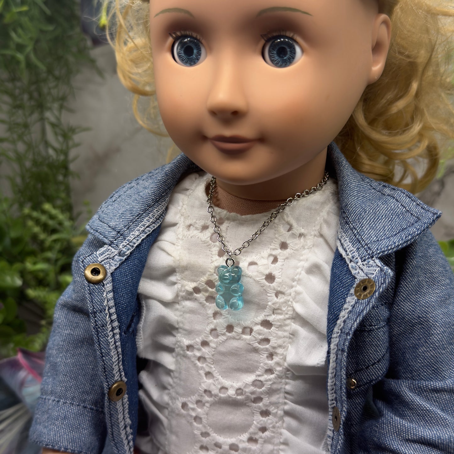 Turquoise Blue Translucent Acrylic Teddy Gummy Bear Charm Silver Chain Doll Necklace 18” Doll Jewelry