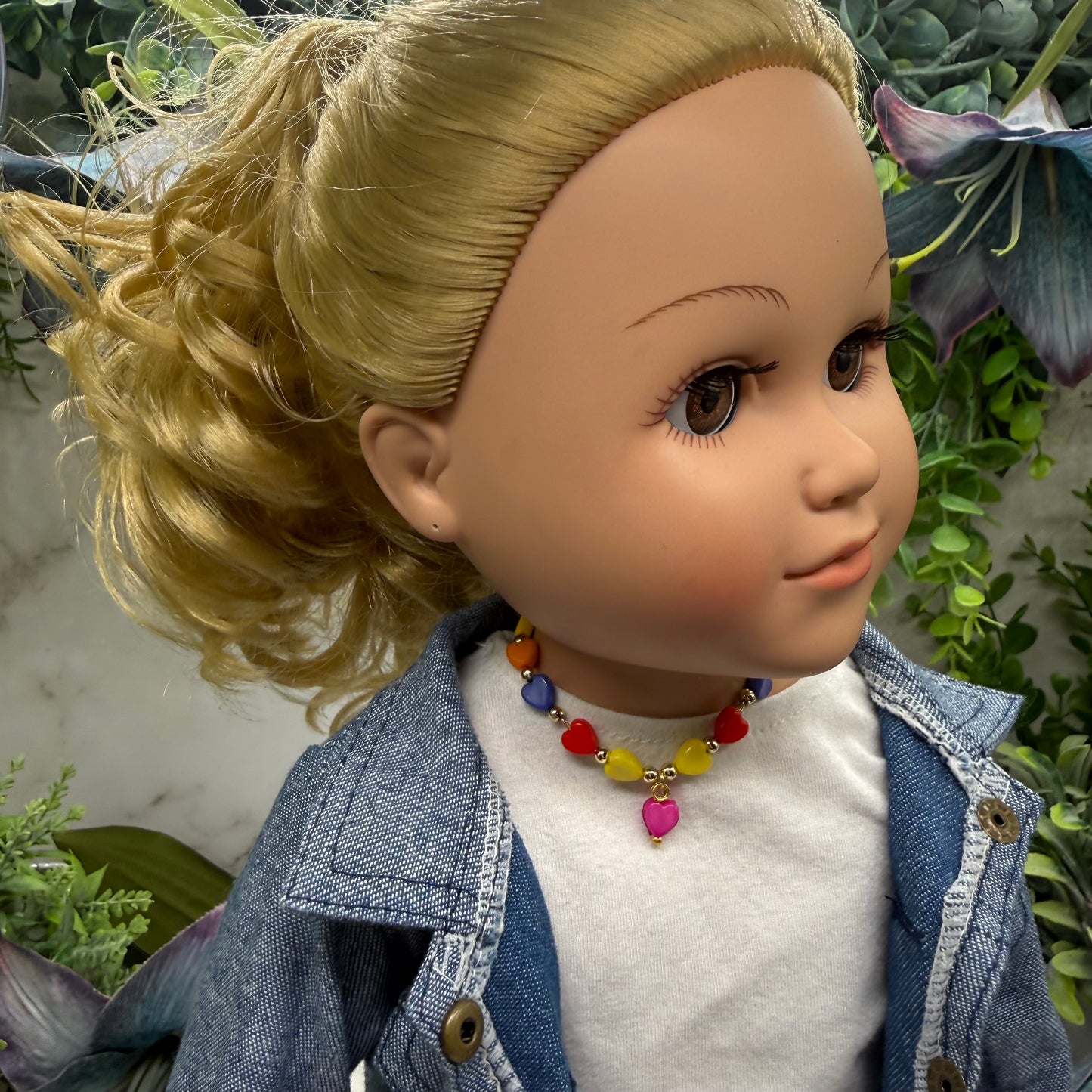 Rainbow Multi Color Heart Bead Doll Necklace • 18 Inch Fashion Doll Jewelry