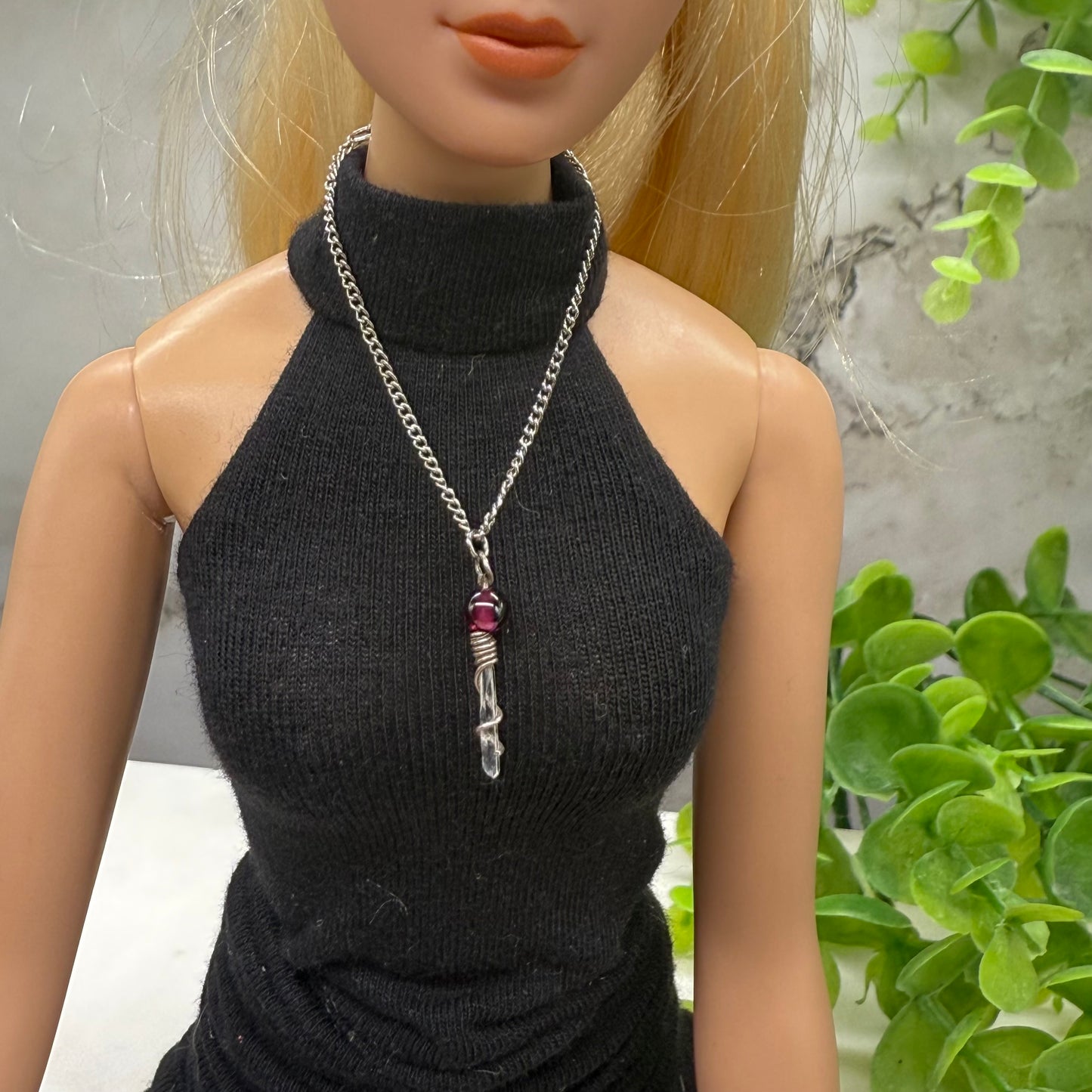 Crystal Quartz & Red Glass Silver Pendant Necklace • 16” Fashion Doll Jewelry