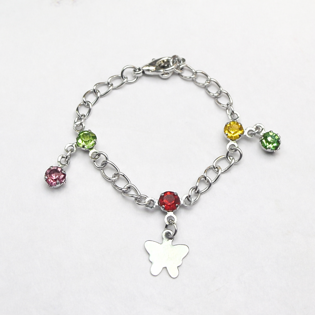 Butterfly Silver Charm and Multi-Color Rhinestone Dangle Doll Bracelet • 18 Inch Fashion Doll Jewelry
