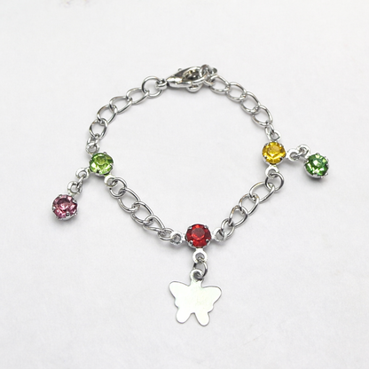 Butterfly Silver Charm and Multi-Color Rhinestone Dangle Doll Bracelet • 18 Inch Fashion Doll Jewelry