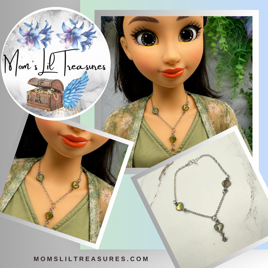 Green Multi Tone Abalone Heart Charm Y-Style Doll Necklace • 18 Inch Fashion Doll Jewelry