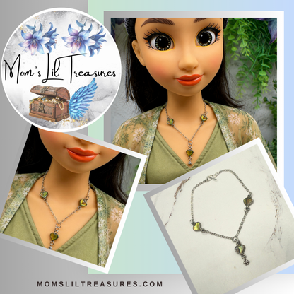 Green Multi Tone Abalone Heart Charm Y-Style Doll Necklace • 18 Inch Fashion Doll Jewelry