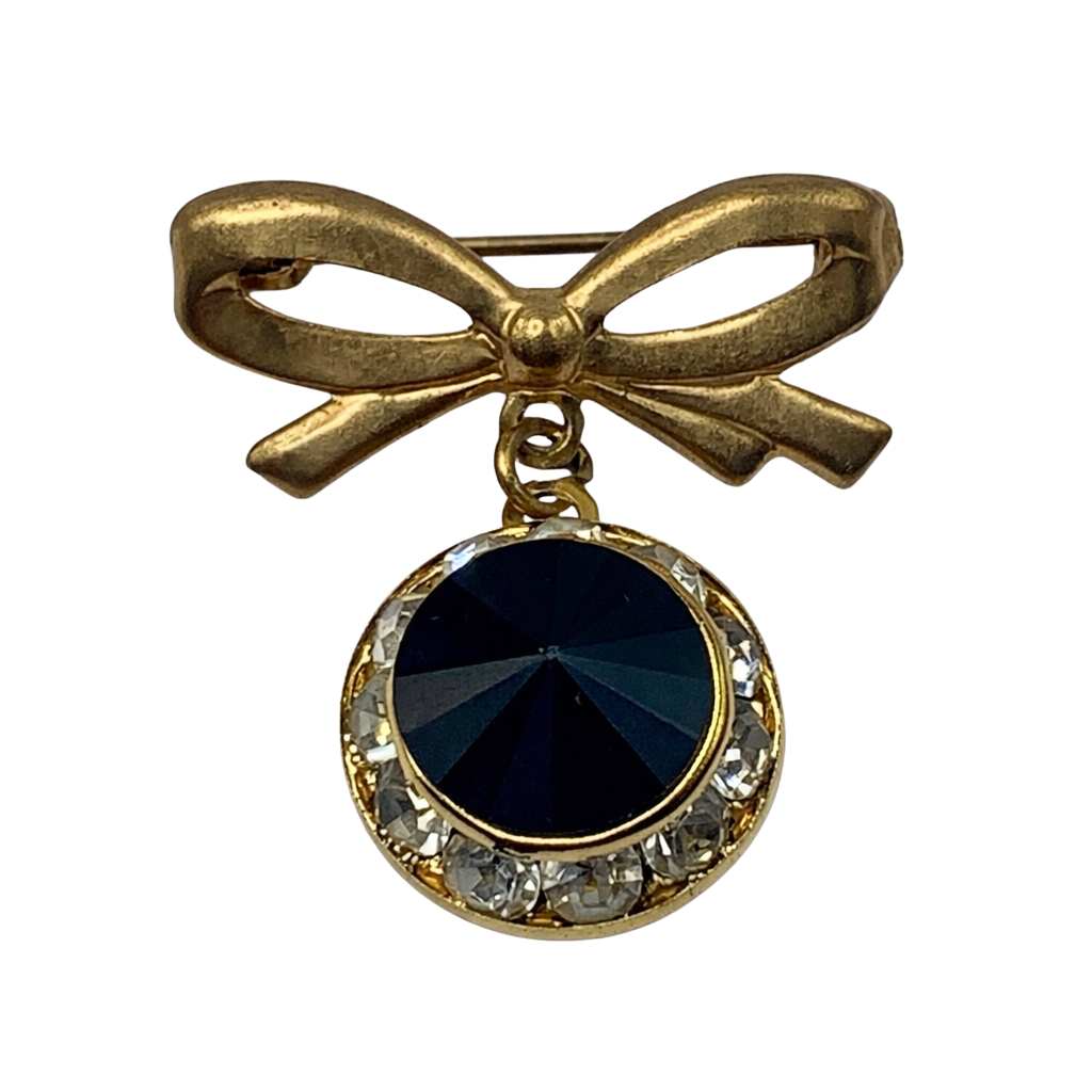 Gold Tone Bow Pin Black & Clear Rhinestone Dangle Doll Brooch