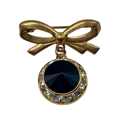 Gold Tone Bow Pin Black & Clear Rhinestone Dangle Doll Brooch