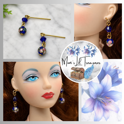 Dark Blue Cloisonné Flower Design Doll Earrings • 16 Inch Fashion Doll Jewelry
