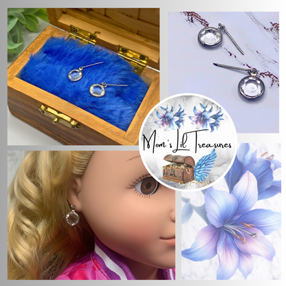 Clear Round Crystal Silver Dangle Doll Earrings • 18 Inch Doll Jewelry