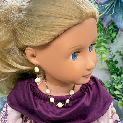 Cream Color & Brass Bronze Tone Round Link Doll Necklace Bracelet Earrings • 18 Inch Fashion Doll Jewelry
