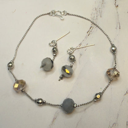 Gray Metallic Glass Crystal Beaded Silver Chain Doll Necklace• 18 Inch Fashion Doll Jewelry