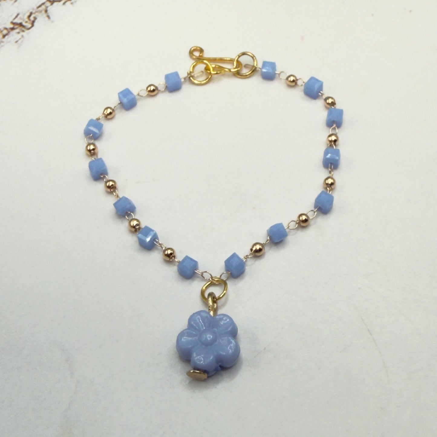 Blue Flower Charm Blue Square & Gold Beaded Doll Necklace • 14 Inch Fashion Doll Jewelry