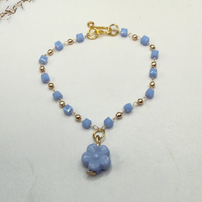 Blue Flower Charm Blue Square & Gold Beaded Doll Necklace • 14 Inch Fashion Doll Jewelry