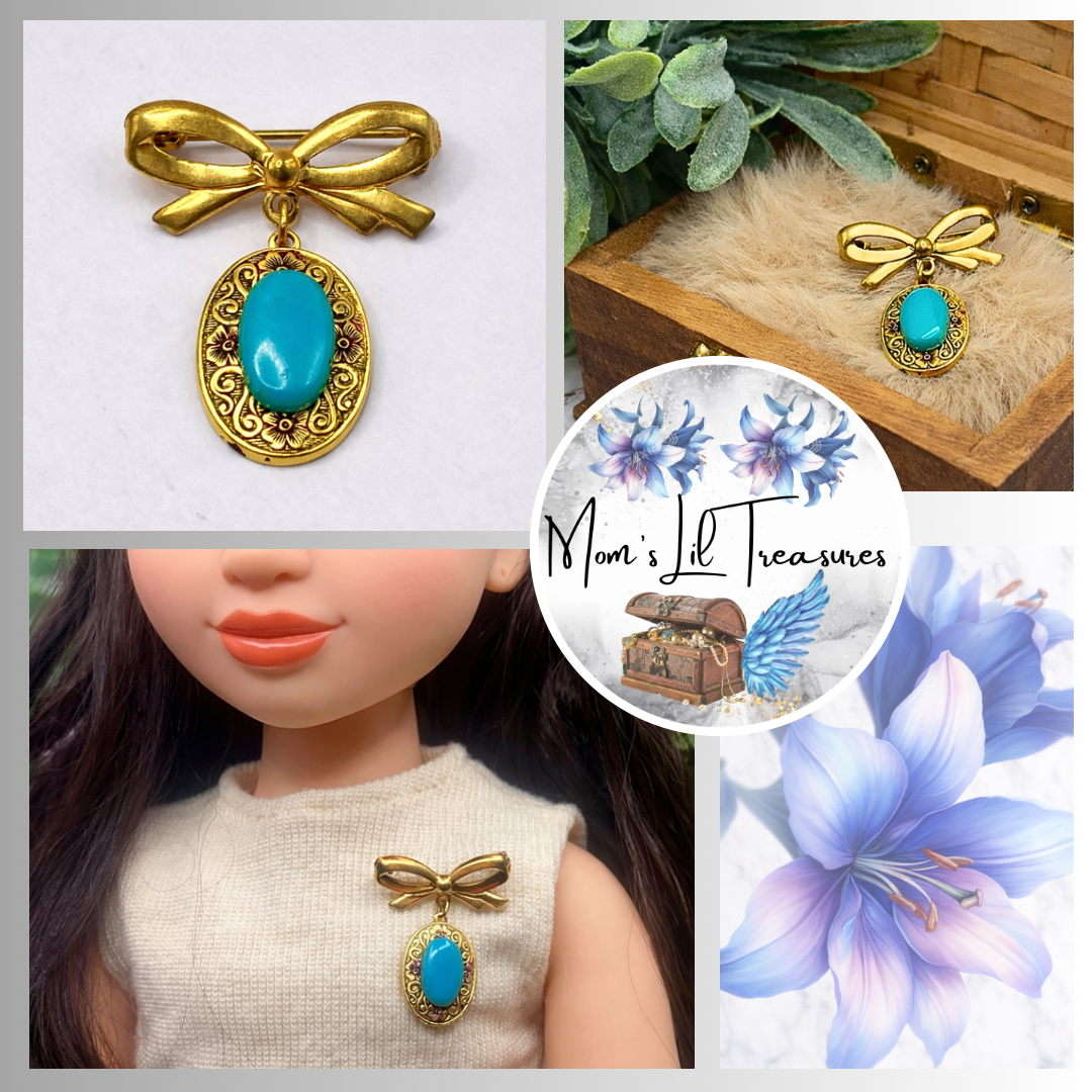 Gold Tone Turquoise Blue Pendant • Doll Brooch