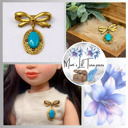 Gold Tone Turquoise Blue Pendant • Doll Brooch