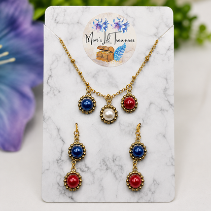 Red White Blue Pearl Dangle Gold Doll Necklace & Earrings Set for 18 Inch Fashion Doll