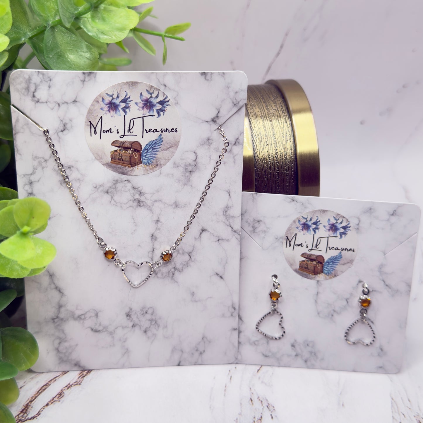 Amber Yellow Crystal Silver OpenHeart Charm Doll Necklace & Earrings • 18 Inch Fashion Doll Jewelry