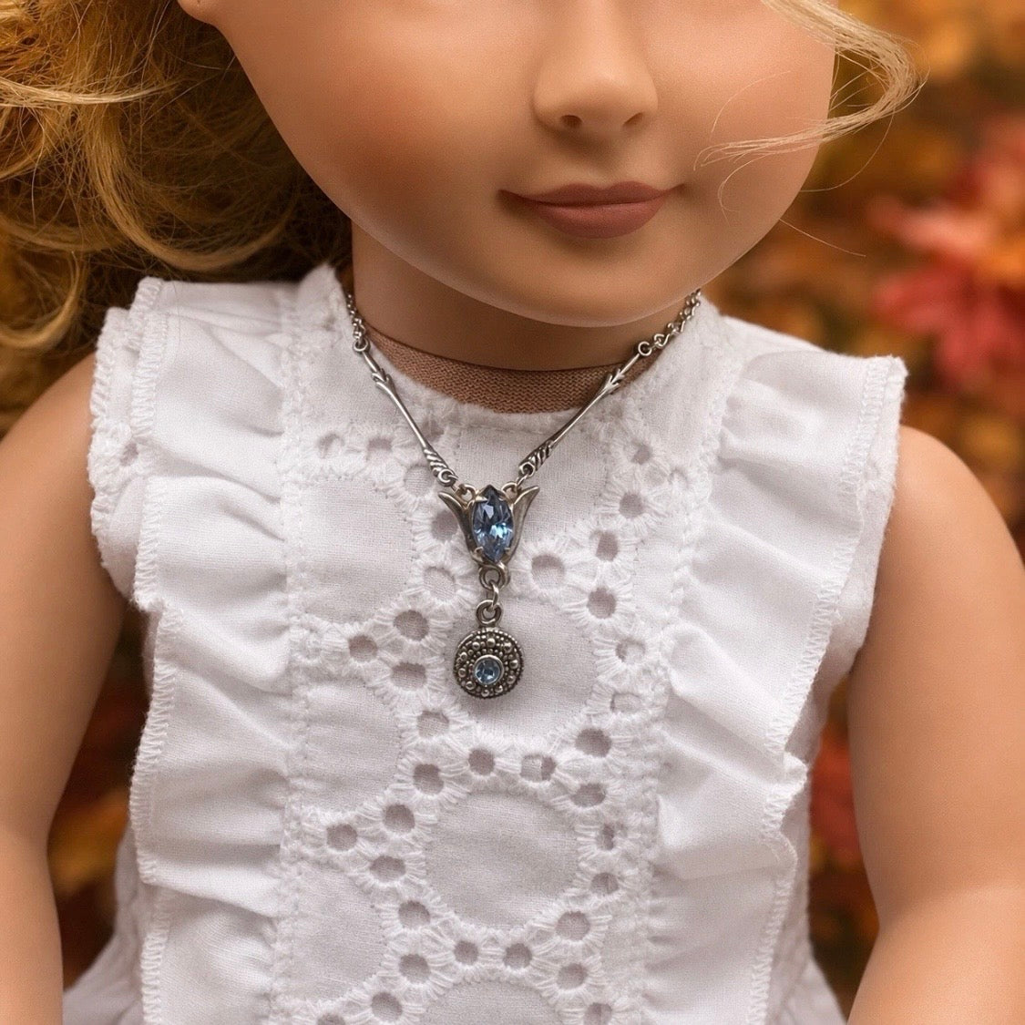 Light Blue Rhinestone Y-Drop Silver Doll Necklace • 18 Inch Doll  Jewelry