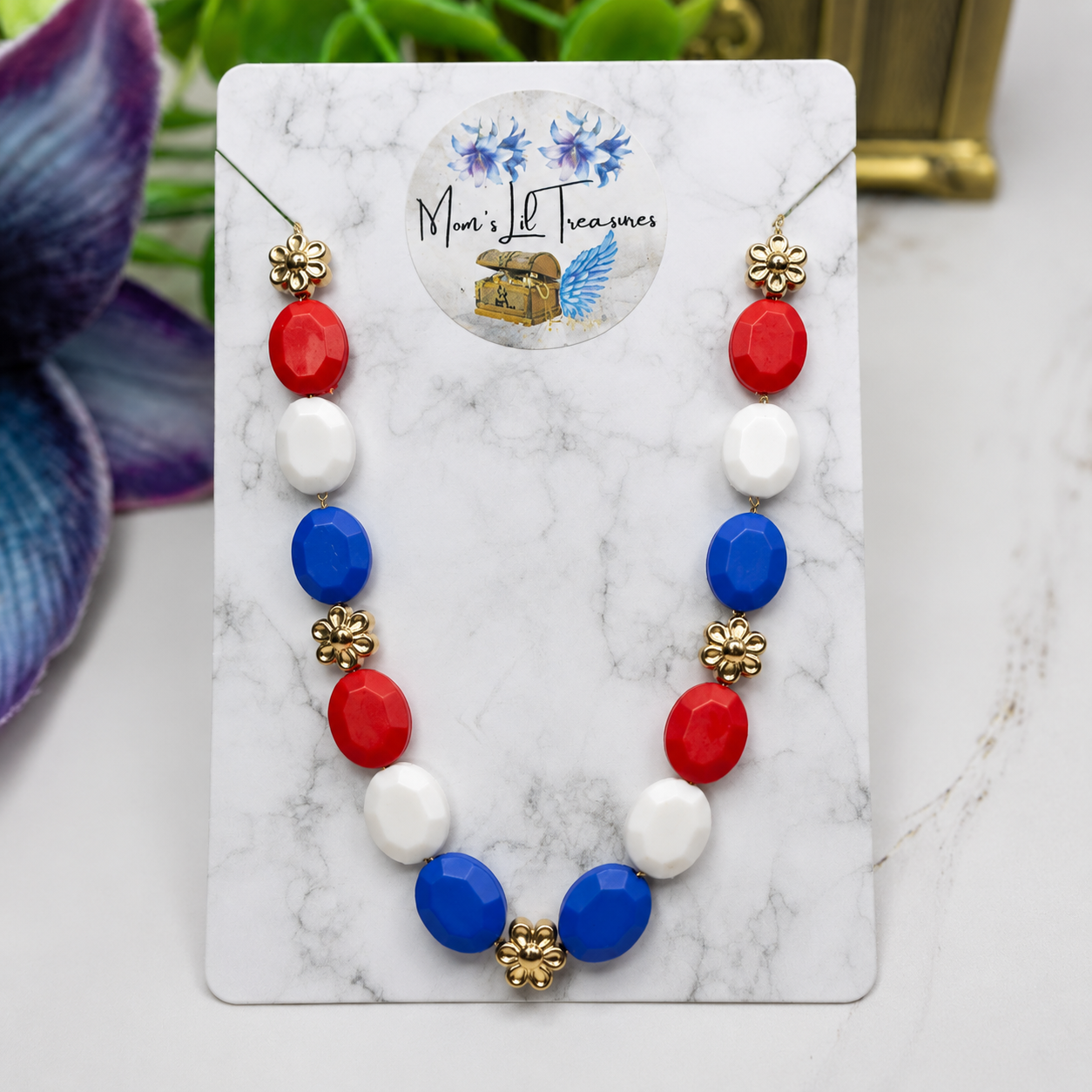 Red White Blue Beaded Gold Flower Americana Doll Necklace for 18 Inch Fashion Doll