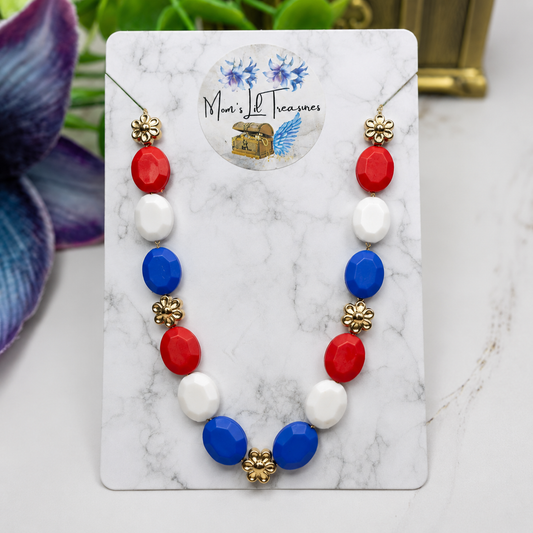 Red White Blue Beaded Gold Flower Americana Doll Necklace for 18 Inch Fashion Doll