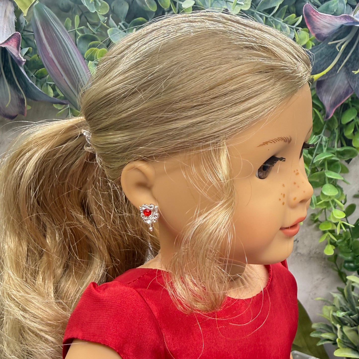 Red Rhinestone Heart Silver Wings Wand Design Post Doll Earrings • 18 Inch Fashion Doll Jewelry