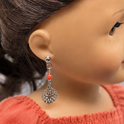 Dark Orange Bead with Silver Filigree Dangle Doll Earring DANGLE ONLY fits 2mm post for 18 Inch Fashion Dolls