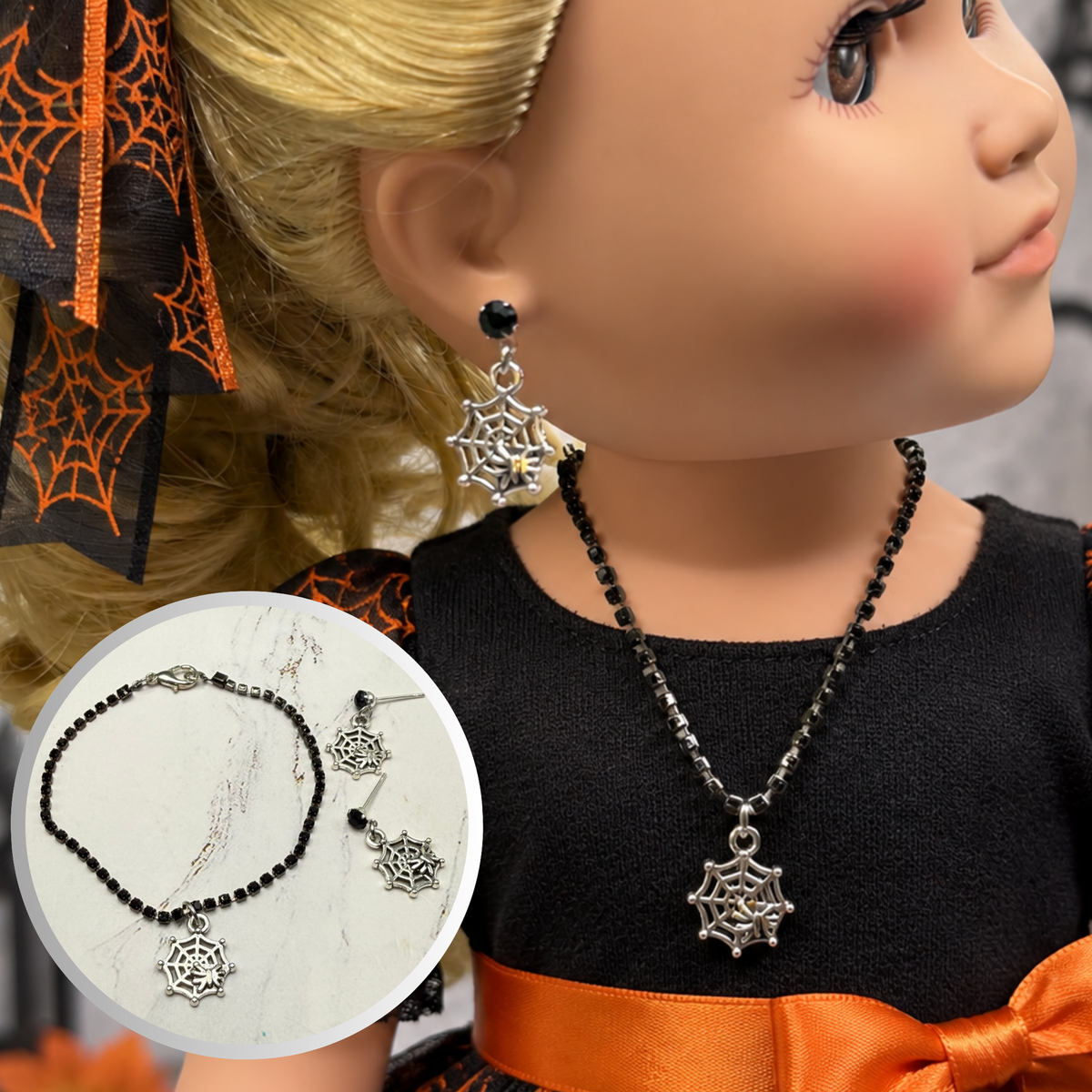 Halloween Silver Spider Web Black Rhinestone Necklace & Earrings Set | for 18 Inch Fashion Doll
