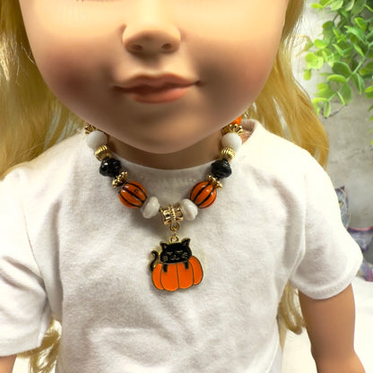 Cat in Pumpkin Charm Halloween Beaded Doll Necklace • 18 Inch Fashion Doll Jewelry
