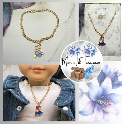 Red White Blue Flag Cowboy Boots Charm Gold Chain Doll Necklace for 18 Inch Fashion Doll