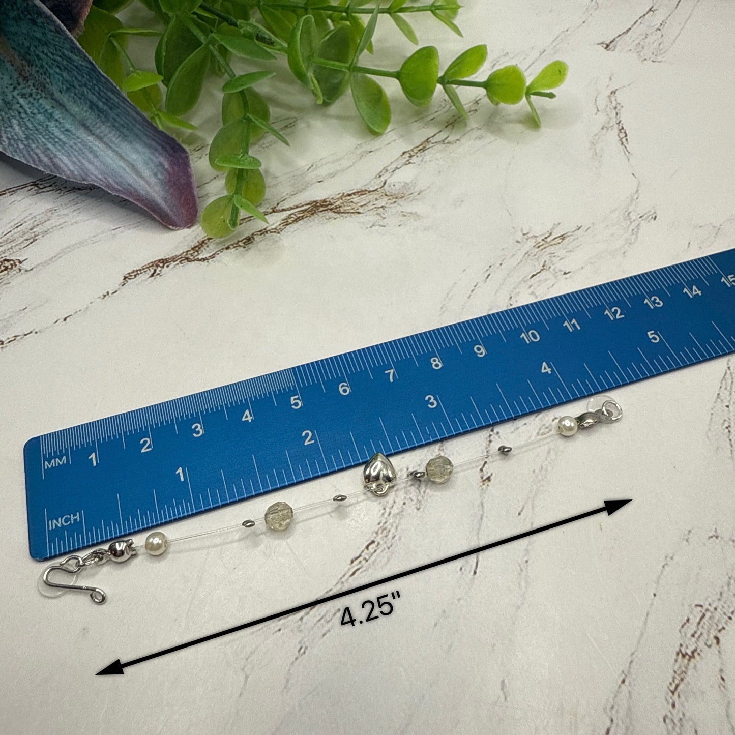 Silver Heart Charm Nylon String Pearl & Acrylic Crystal Necklace & Earrings • 14 Inch Fashion Doll Jewelry