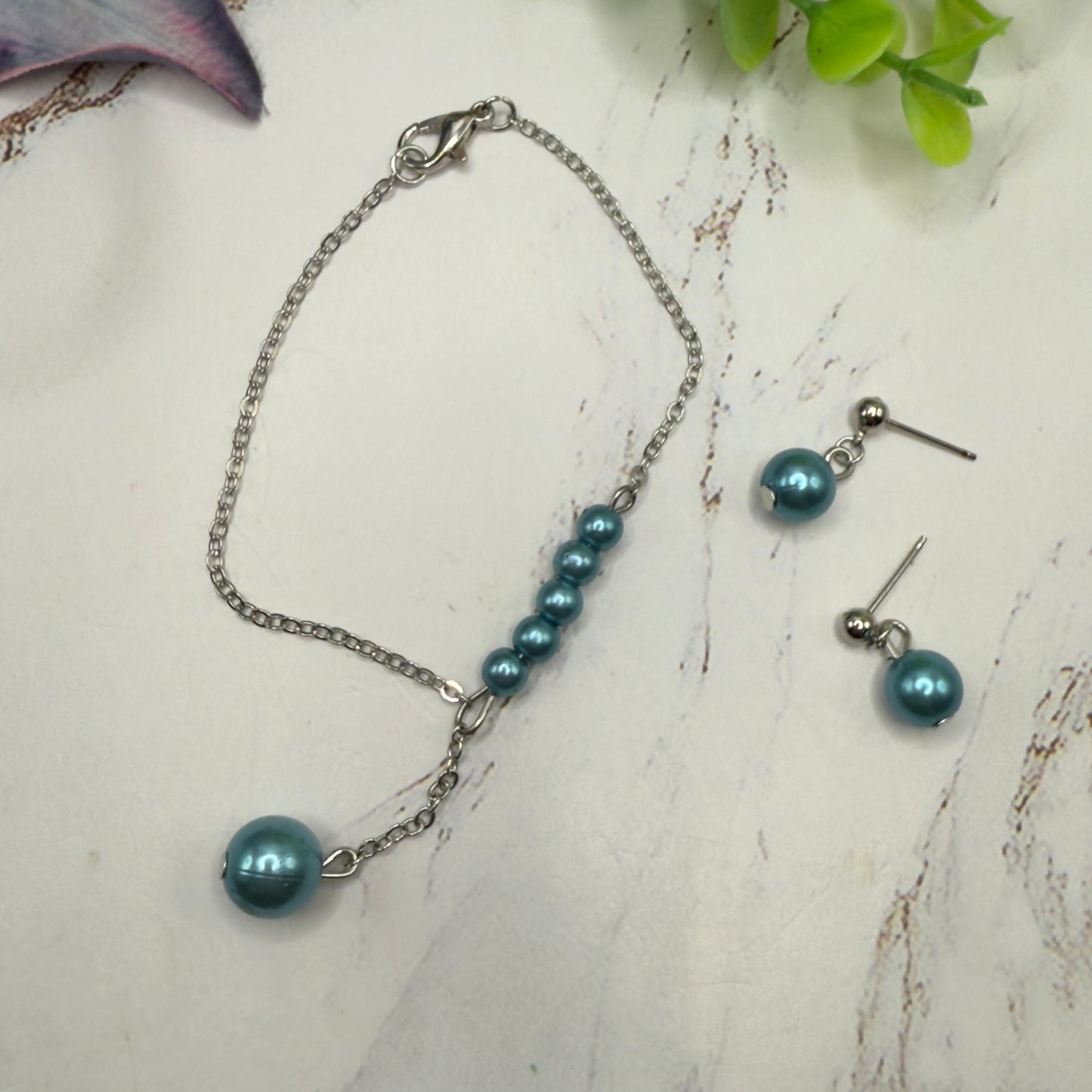 Turquoise Dusty Blue Pearl Drop Necklace & Earrings Set • 18 Inch Fashion Doll Jewelry